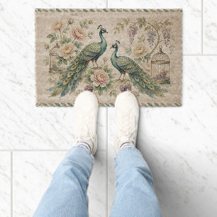 Chic Chinoiserie Peacock Mahjong Fiber Doormat