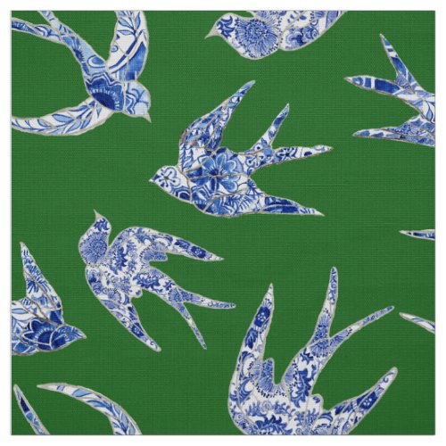 Chic Chinoiserie Swallow Birds Floral Blue Green Fabric