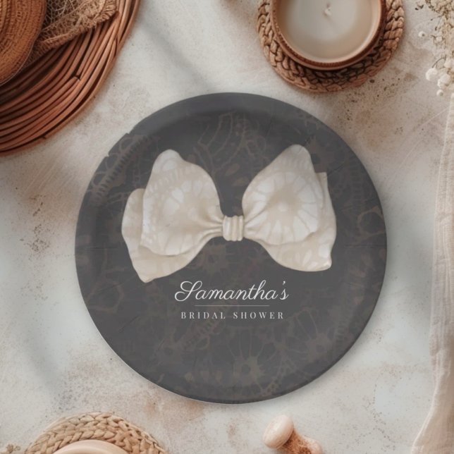 Chic Choquette Dark Grey Bow Bridal Shower Paper Plates (Creator Uploaded)