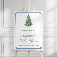 Chic Christmas Blue White Baby Shower Welcome Sign