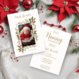Chic Christmas Botanical Border Naming Ceremony Invitation