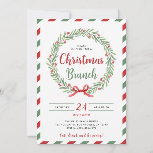 Chic Christmas Brunch Watercolor Wreath Stripes   Holiday Card