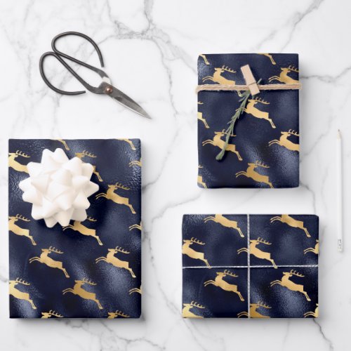 Chic Christmas Deer Pattern Navy Blue Gold Foil Wrapping Paper Sheets