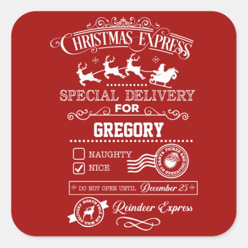 Chic Christmas Express Special Delivery Monogram Square Sticker