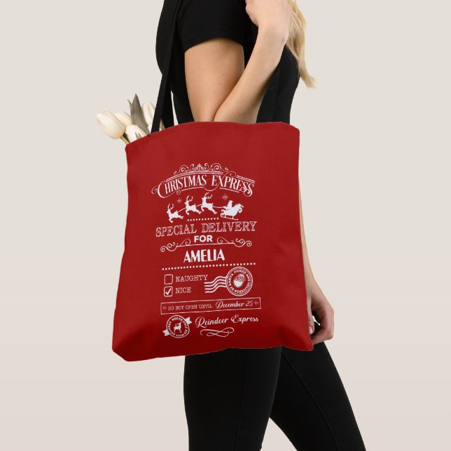 Chic Christmas Express Special Delivery Monogram Tote Bag (Close Up)