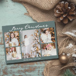 Chic Christmas Family Photo Collage Grey Green Holiday Card<br><div class="desc">Chic grey green Merry Christmas cards with elegant handwritten scrawl above your family photo collage of your 5 favorite 2025 pictures. The beautiful back features your family letter or message. Modern Christmas cards featuring one vertical photograph in the center and 4 square pictures on the sides.</div>