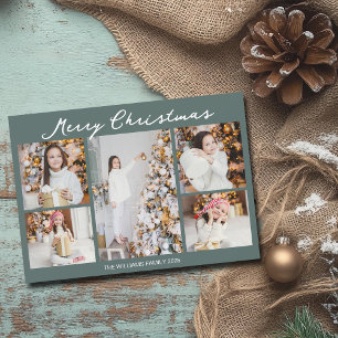 Chic Christmas Family Photo Collage Grey Green Holiday Card