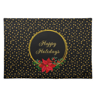 Chic Christmas Flower & Golden Confetti on Black Cloth Placemat