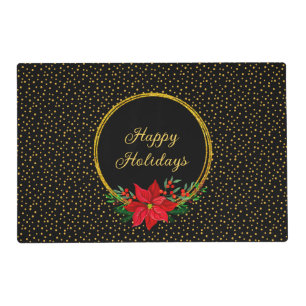 Chic Christmas Flower & Golden Confetti on Black Placemat