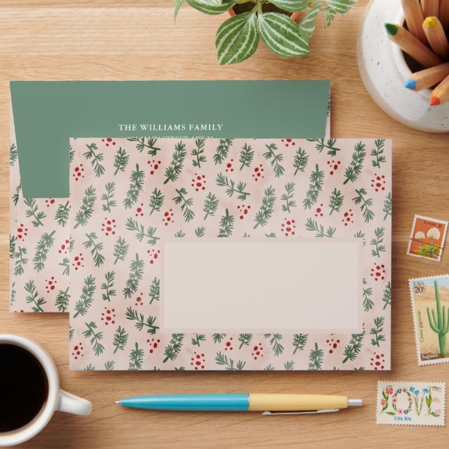 Chic Christmas Green Branch Red Lined Envelope (Desk)