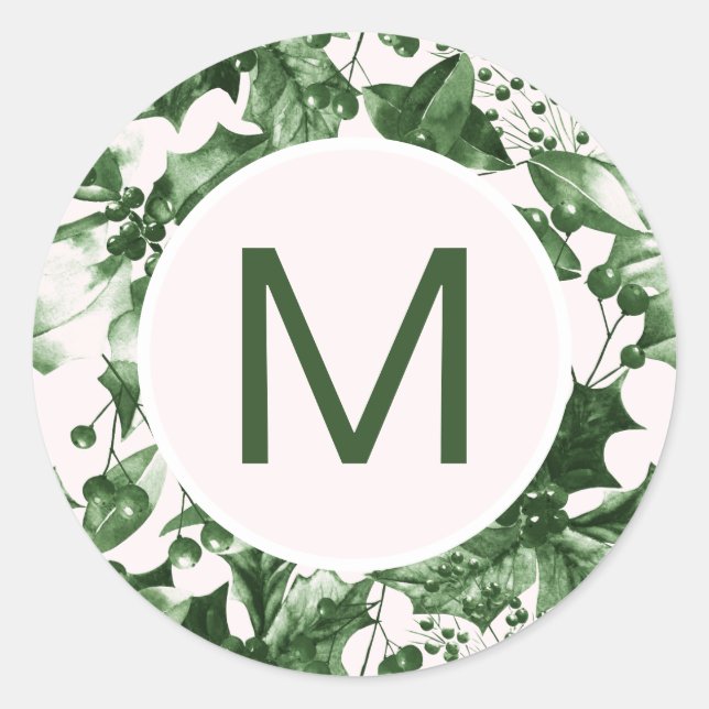 Chic Christmas Green Holly Print Monogram Classic Round Sticker (Front)