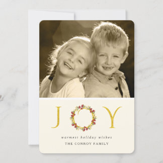 Chic Christmas Joy Floral Wreath Faux Gold Glitter Holiday Card