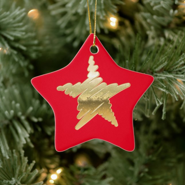 Chic Christmas metallic gold star red Ceramic Ornament (Tree)