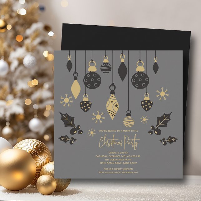 Chic Christmas Ornaments on Grey Invitation (Chic Christmas tree ornaments on grey 5.25" square invitations, PRINTED and/or INSTANT DOWNLOAD)