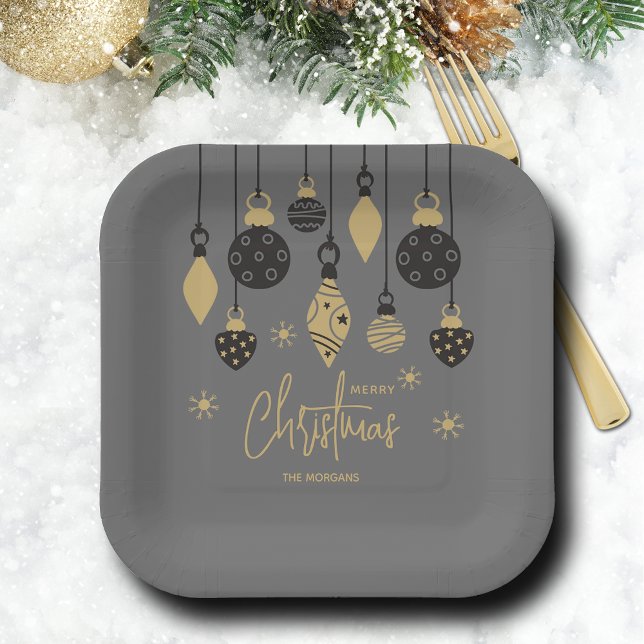 Chic Christmas Ornaments on Grey  Paper Plates (Chic black and gold Christmas tree ornaments square grey paper plates)