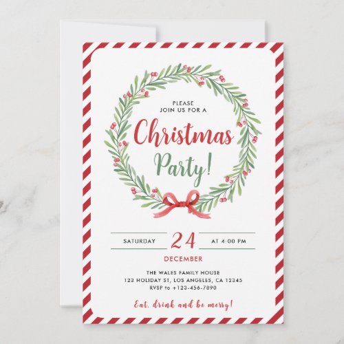 Chic Christmas Party Watercolor Wreath Stripes  Holiday Card