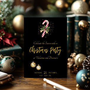 Chic Christmas Party with Candy Cane on Black Invitation