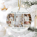 Chic Christmas Photo Collage 2025 Keepsake Ceramic Ornament<br><div class="desc">Chic white Christmas ornament gift with chic handwritten scrawl MERRY CHRISTMAS above your family photo collage of your 5 favorite 2025 pictures. The beautiful back features a pattern of hand drawn pine and fire trees. Modern elegant holiday present featuring one vertical photograph in the center and 4 square pictures on...</div>