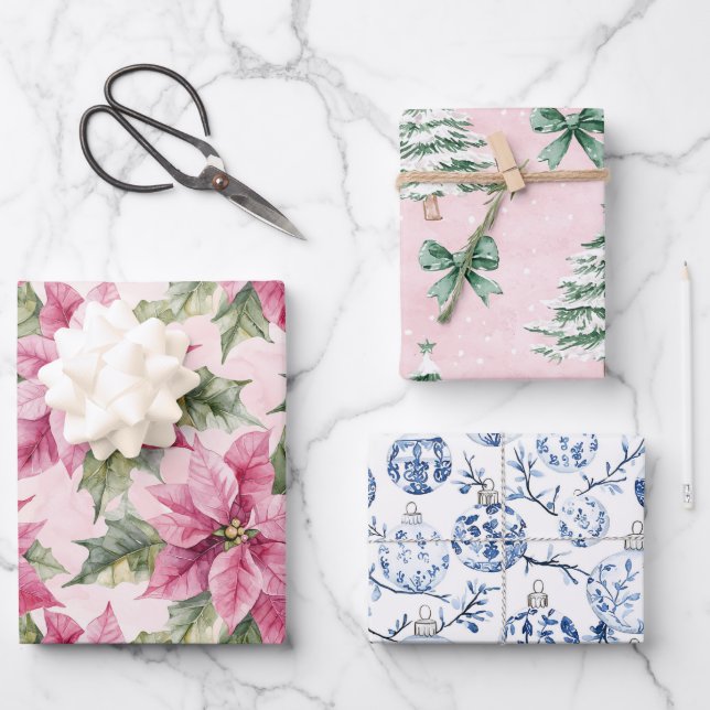 Chic Christmas Pink Poinsettia Floral Wrapping Paper Sheets (Front)