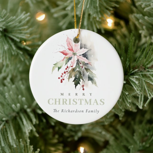 Chic Christmas Poinsettia Berries Foliage Photo Ceramic Ornament (Tree)