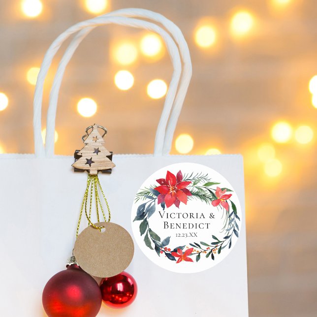 Chic Christmas Poinsettia Floral Wreath Wedding Classic Round Sticker (Creator Uploaded)