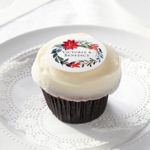 Chic Christmas Poinsettia Floral Wreath Wedding Edible Frosting Rounds