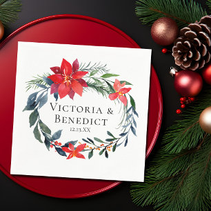 Chic Christmas Poinsettia Floral Wreath Wedding Napkins