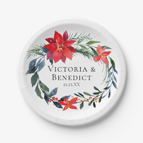 Chic Christmas Poinsettia Floral Wreath Wedding Paper Plates