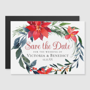 Chic Christmas Poinsettia Wreath Website QR Code Magnetic Invitation