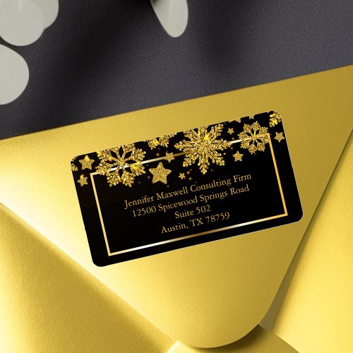 Chic Christmas Snowflake Black Gold Return Address Label