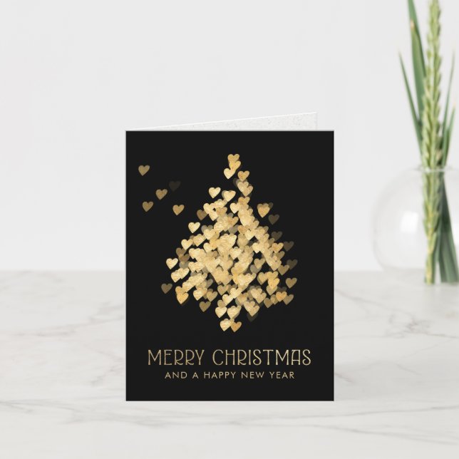 Chic Christmas Tree Gold Hearts Black Holiday Card (Front)