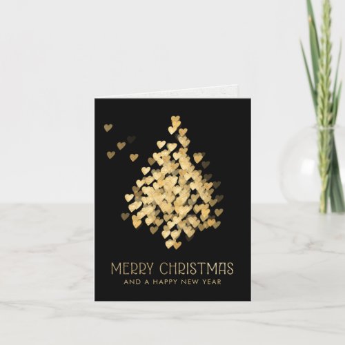 Chic Christmas Tree Gold Hearts Black Holiday Card