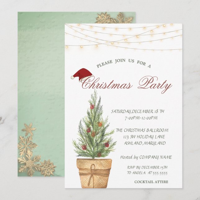 Chic Christmas Tree,Gold Snowflakes Christmas  Invitation (Front/Back)