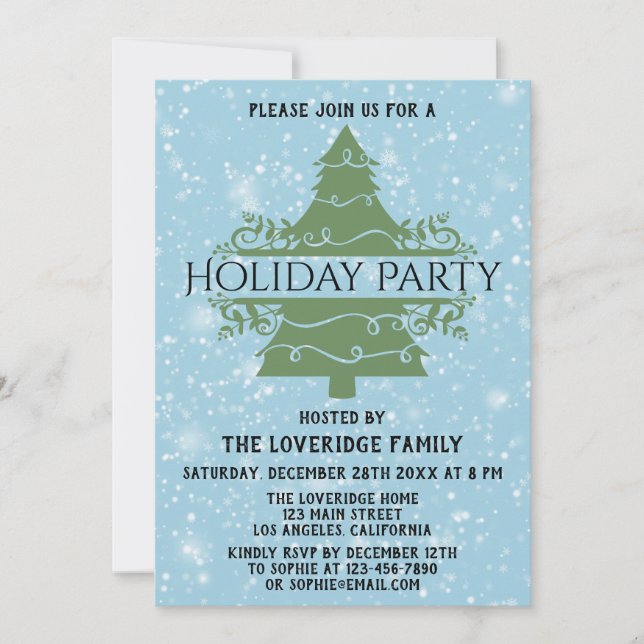 Chic Christmas Tree Holiday Party Snowflakes Blue Invitation (Front)