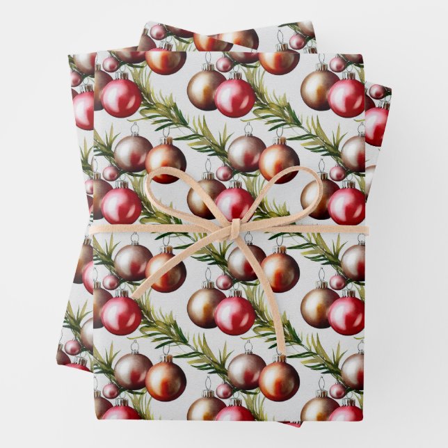 Chic Christmas Tree Ornaments Holiday Wrapping Paper Sheets (In situ)