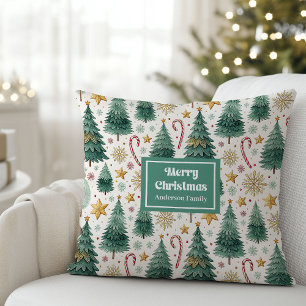 Chic Christmas Trees Cushion in Red Green Gold