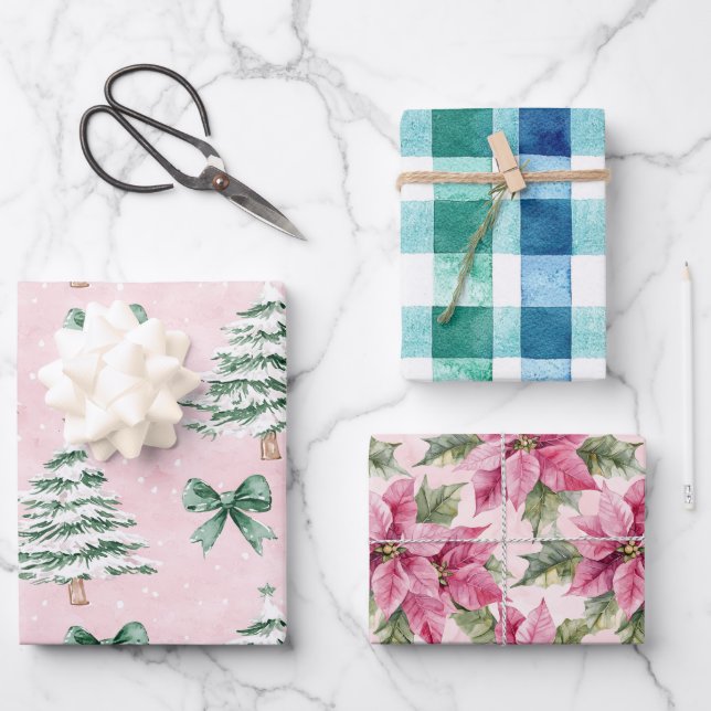 Chic Christmas Trees Plaid Pink Floral Wrapping Paper Sheets (Front)