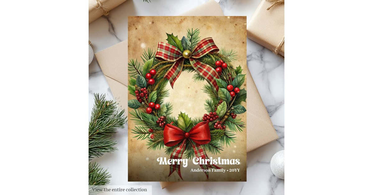 Chic Christmas wreath classic holly berries Holiday Card | Zazzle