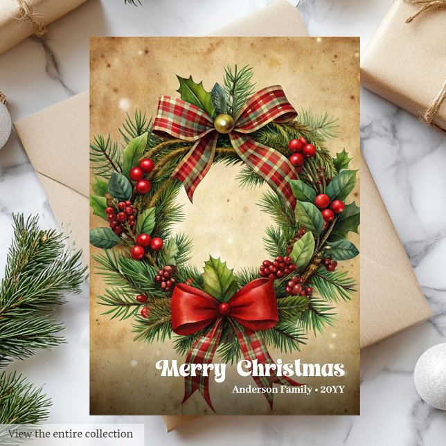 Chic Christmas wreath classic holly berries Holiday Card (Chic Christmas bells classic holly berries greeting)