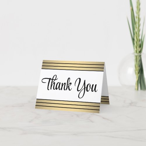 Chic Classic Black  Gold Stripes Stylish Script Thank You Card