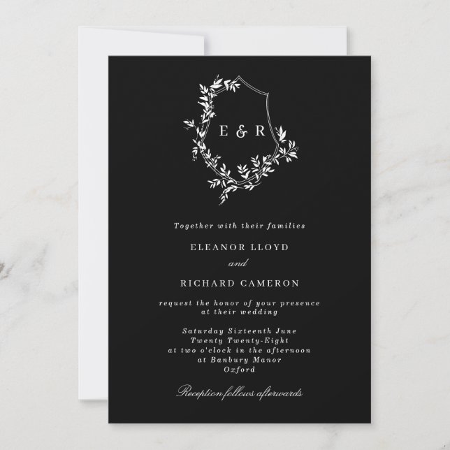 Chic Classic Black Leaf Crest Monogram Wedding Invitation (Front)