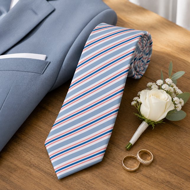 Chic Classic Blue Gray Blush Pink Stripes Pattern Neck Tie (Creator Uploaded)
