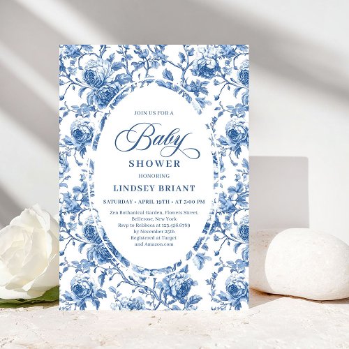 Chic Classic Blue Toile de Jouy Floral Baby Shower
