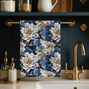 Chic Classic Blue White Ivory Floral Kitchen Towel