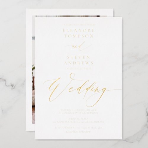 Chic classic calligraphy wedding white gold foil invitation