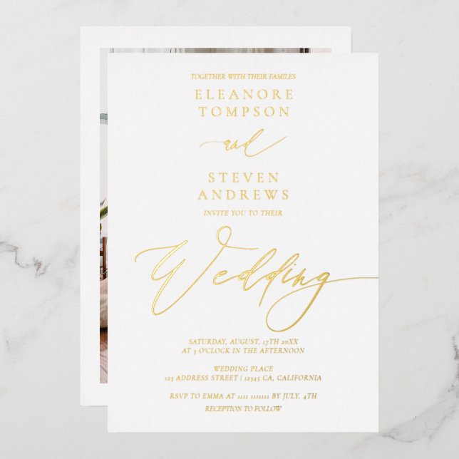 Chic classic calligraphy wedding white gold foil invitation (Front/Back)
