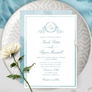 Chic Classic Monogram Sea Glass Watercolor Wedding Invitation