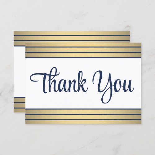 Chic Classic Navy Blue Gold Stripes Elegant Script Thank You Card