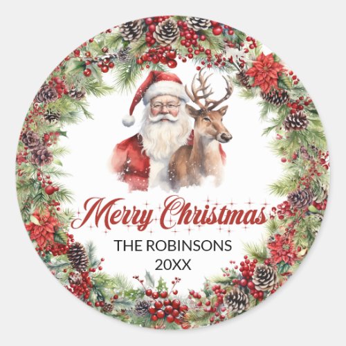Chic classic red and green Santa with reindeer Classic Round Sticker