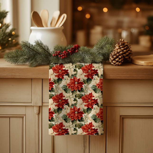 Chic Classic Red and White Poinsettias Christmas  Kitchen Towel (Chic Classic Red and White Poinsettias Christmas kitchen towel)